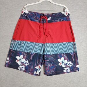 Route 66 Men Swimwear Large Red Floral Board Shorts Colorblock Drawstring Hawaii